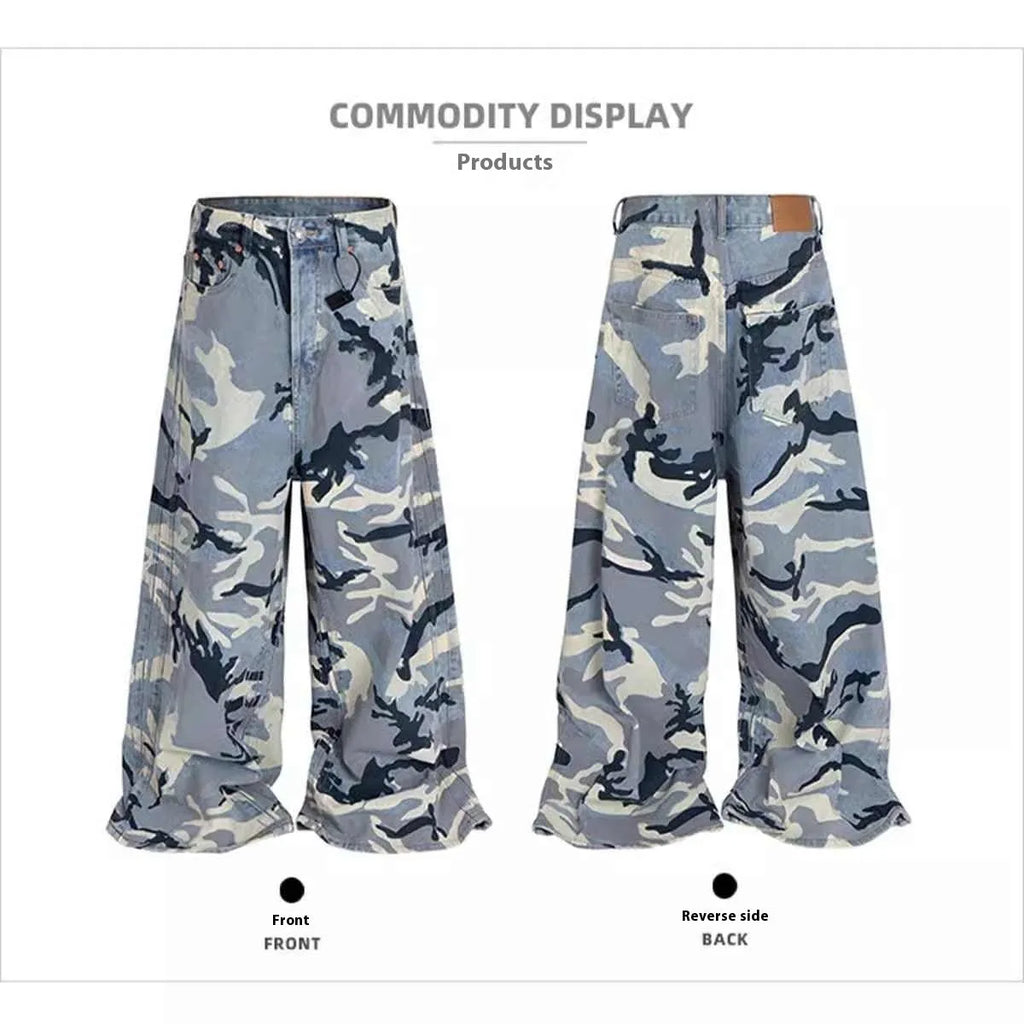 Snow camouflage blue loose-fit mid-waist jeans on a model, showing the camouflage pattern and trouser cut.
