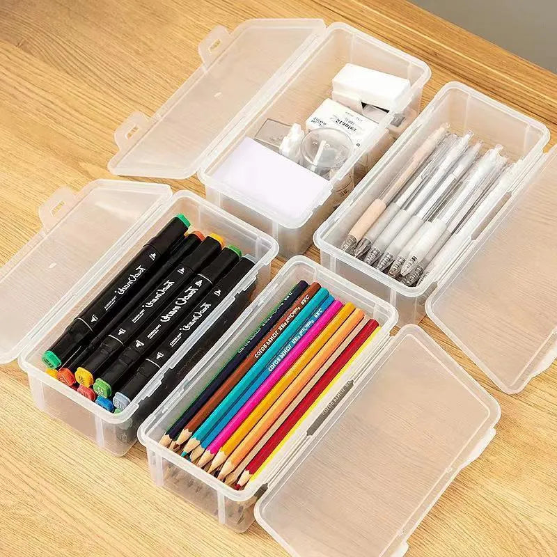 Transparent plastic stationery storage box for pencils and drawing supplies