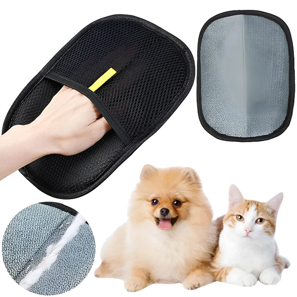 Black pet hair remover glove mitt with silicone bristles for dog cat rabbit grooming measuring 24x16cm