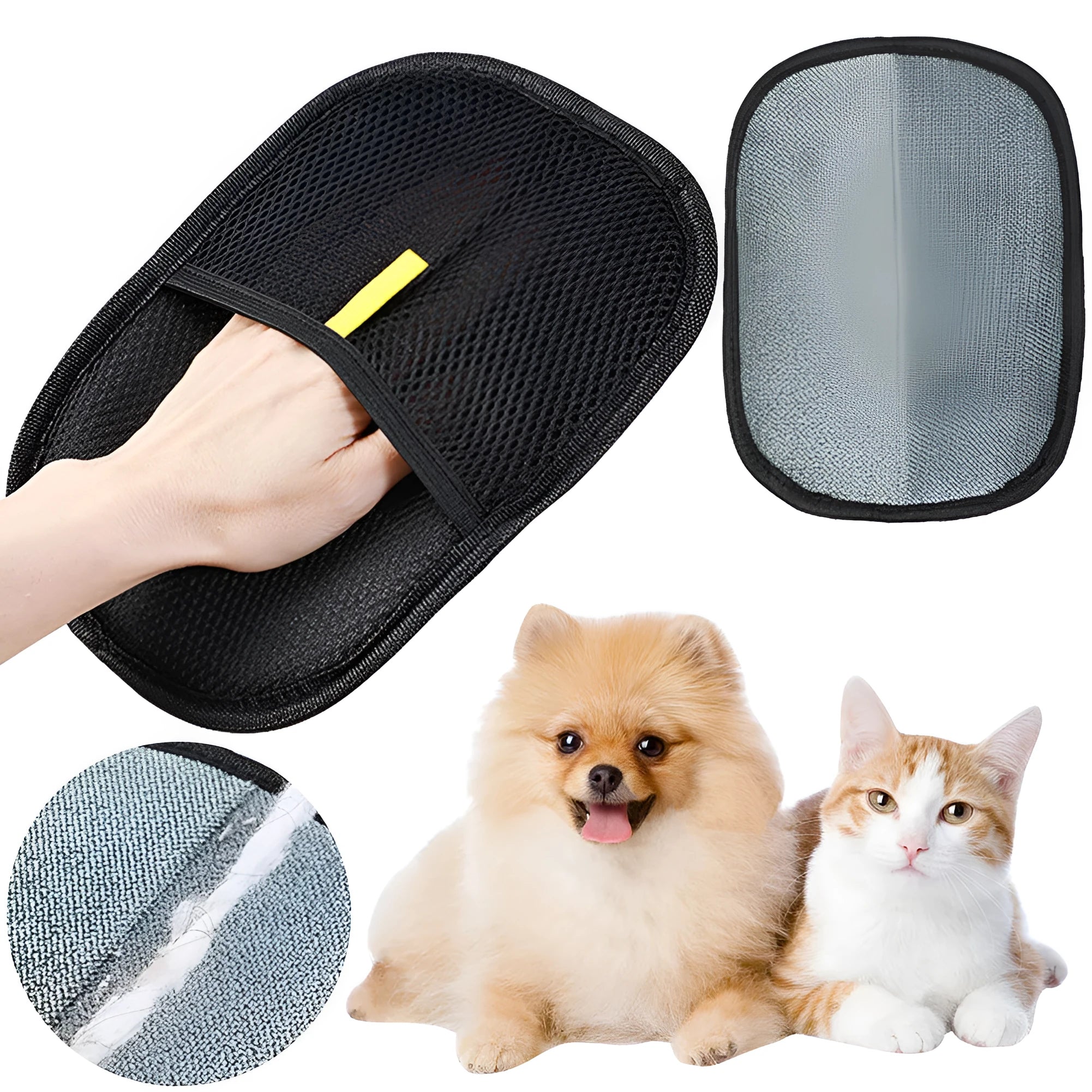 Black pet hair remover glove mitt with silicone bristles for dog cat rabbit grooming measuring 24x16cm