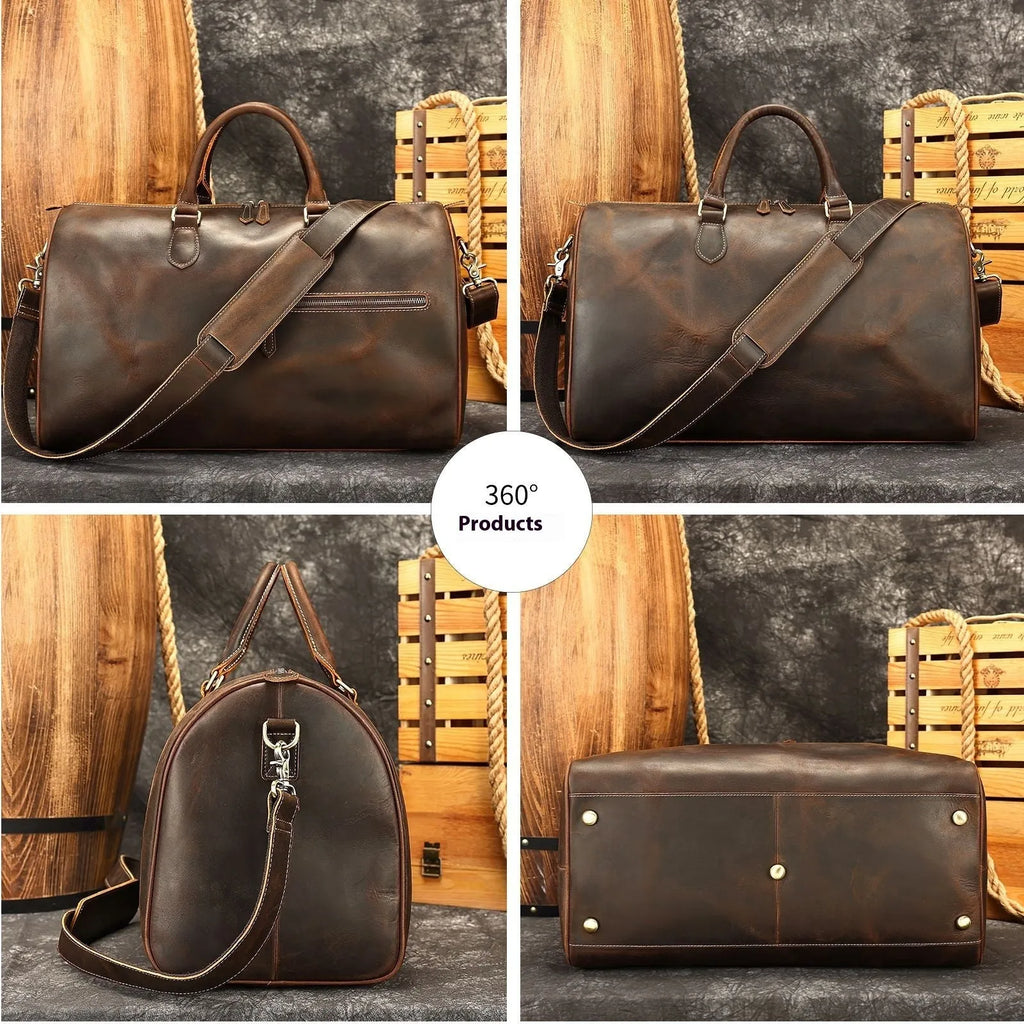 Men's brown leather crossbody bag with large main compartment showing textured cowhide exterior