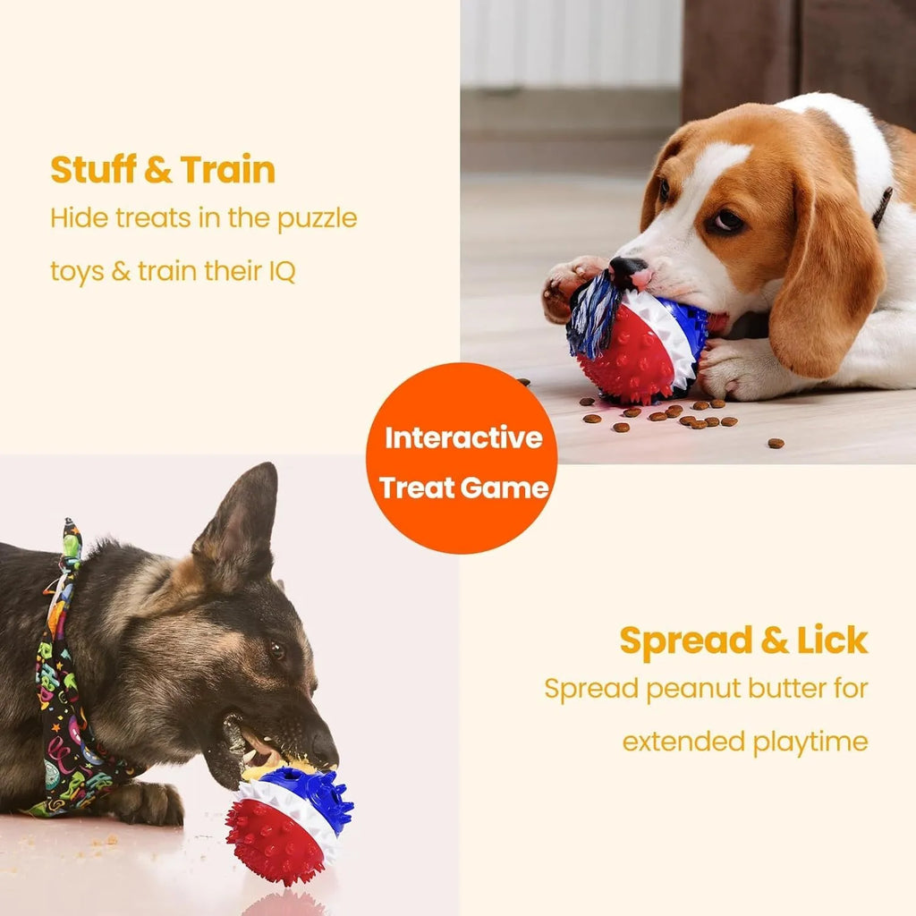 Blue and red squeaky dog toy with treat dispenser and textured surface for aggressive chewers