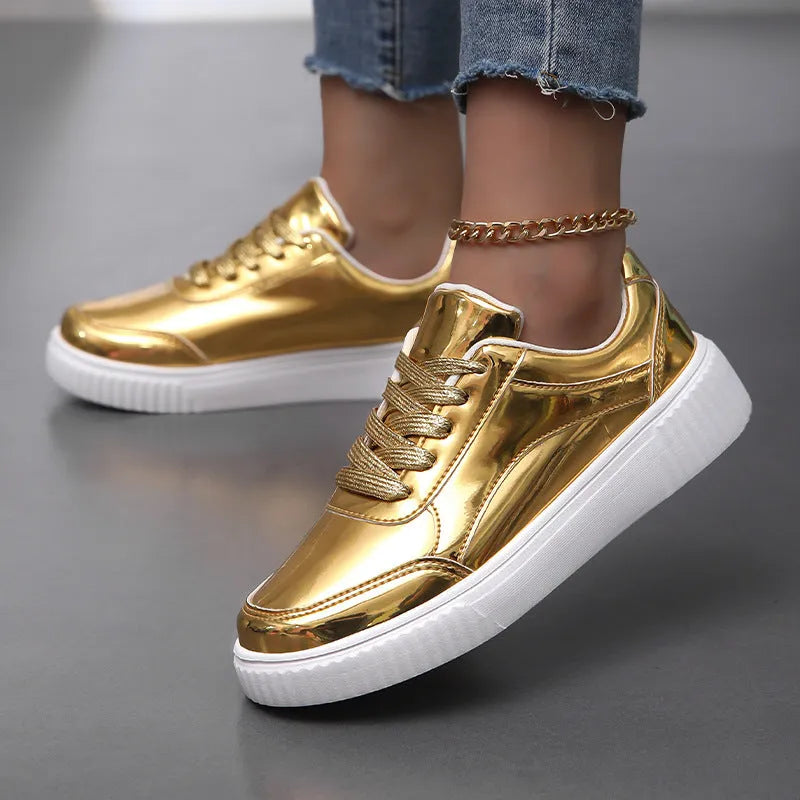 Rose gold platform sneakers with sequin details and thick MD soles