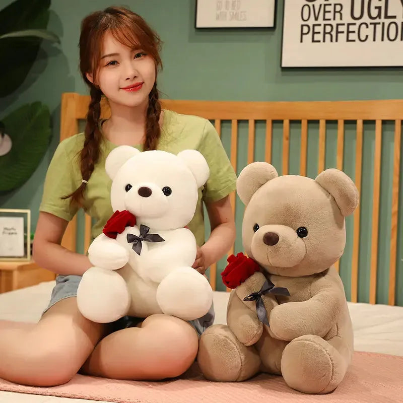 Rose bear plush toy in beige, brown, or grey, shown in sizes from 23cm to 45cm.