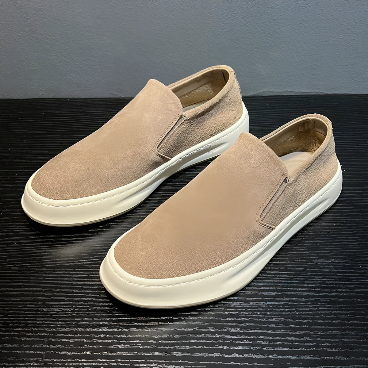 Men's grey and apricot casual shoes with round toe design and rubber sole