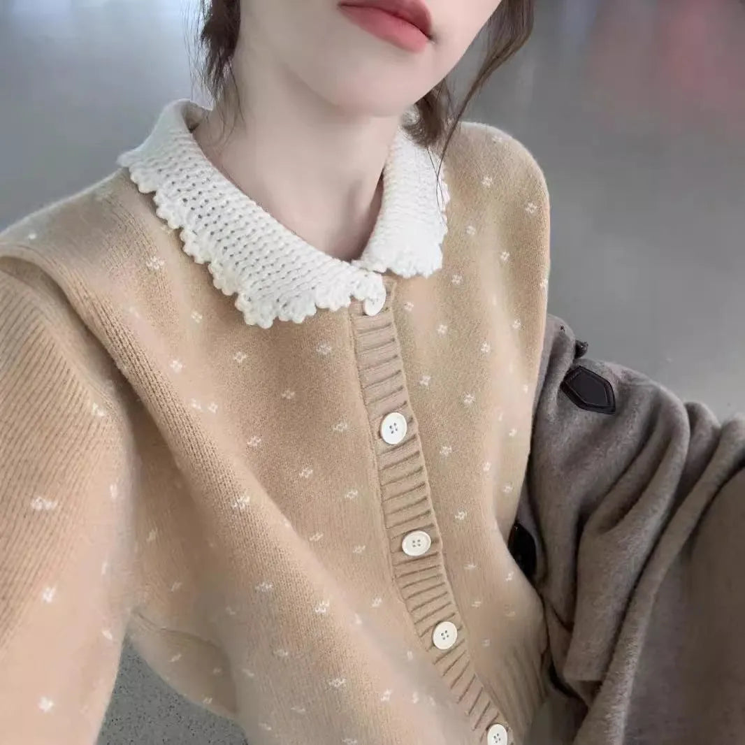 Retro Peter Pan collar floral pattern knitted cardigan coat in navy blue colour