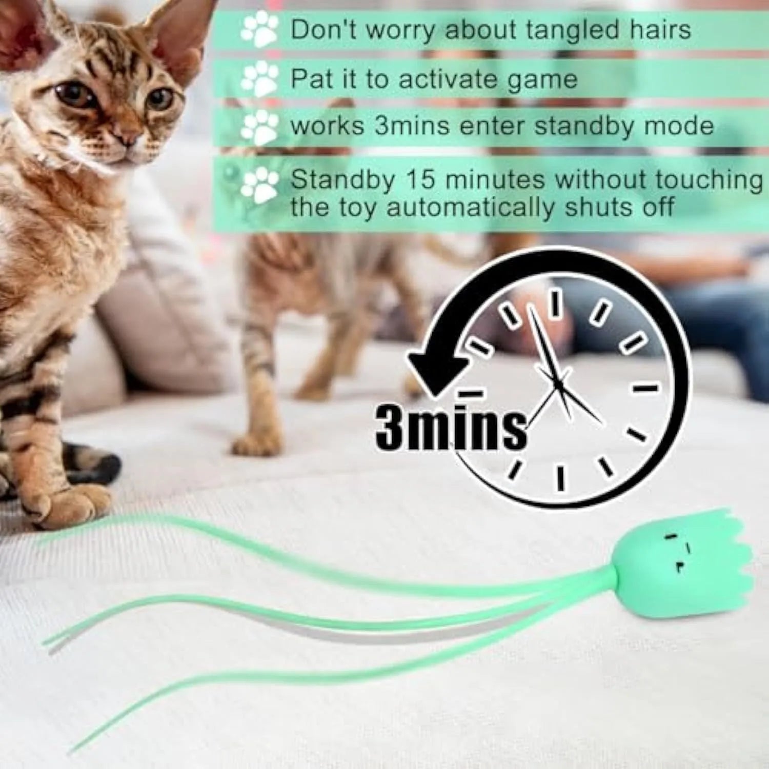 Green automatic cat wand toy with swinging silicone tails for indoor cat play