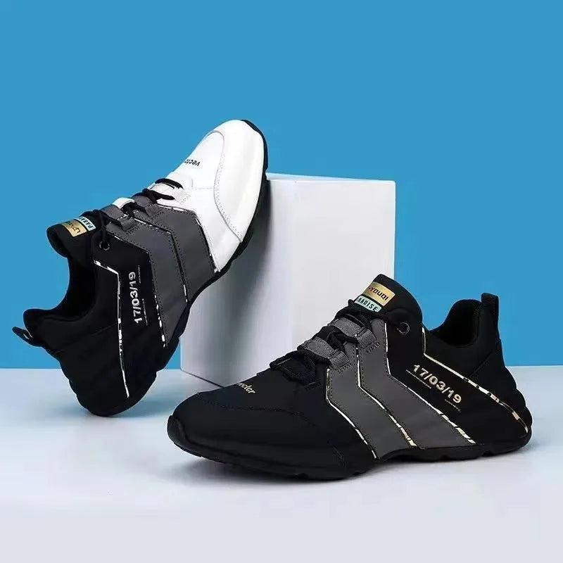 Men's black and grey low-top casual sneakers with thick plastic sole and lace-up front