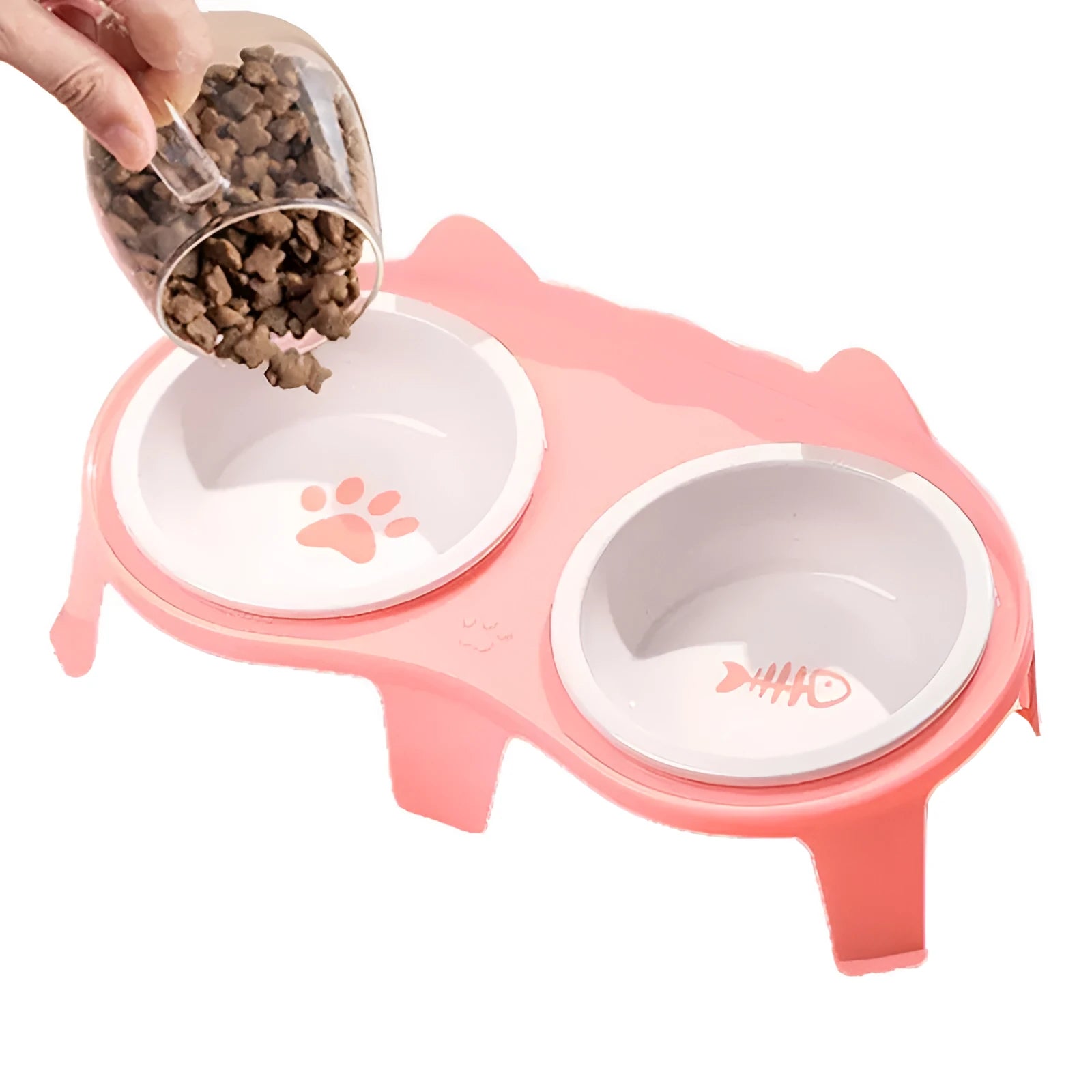 Ceramic cat food and water bowl set on elevated tilted stand with hook design