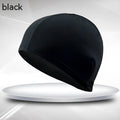 Black polyester cloth swimming cap for adult unisex use in pools