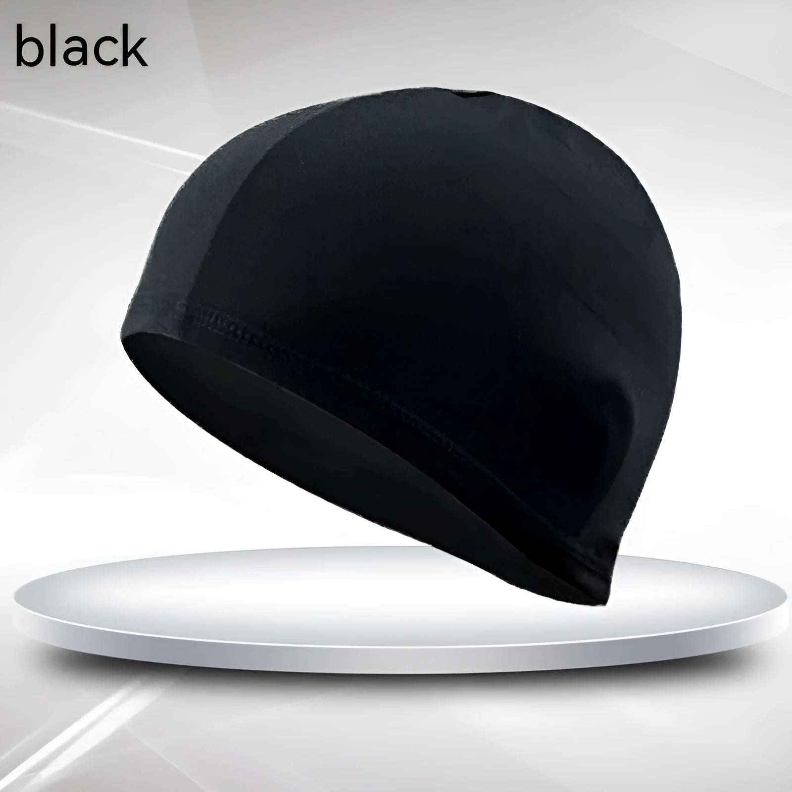 Black polyester cloth swimming cap for adult unisex use in pools