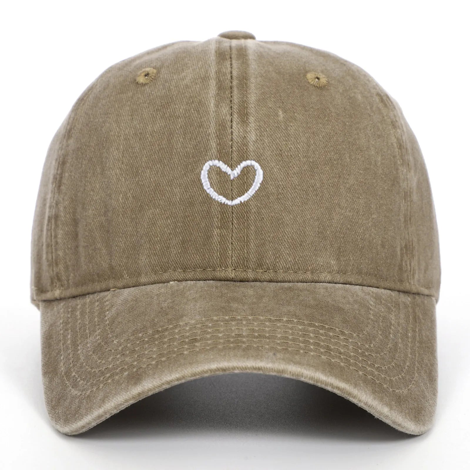 Retro-style cotton baseball cap with embroidered 'love' word, shown in an adjustable size.