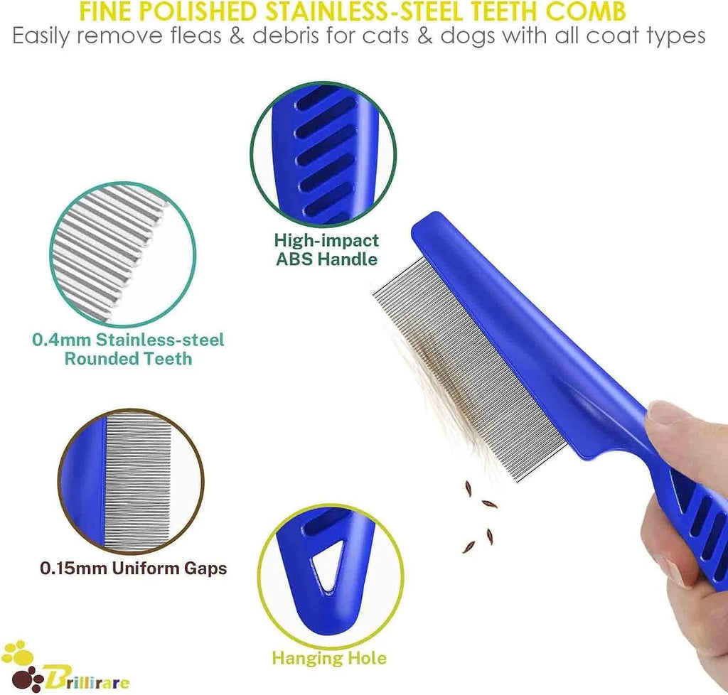 Blue stainless steel dense gear pet flea comb, 4-piece set with large comb 64G or small comb 54G.
