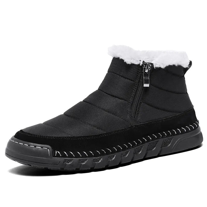 Men's plus size snow boots in black with round toe and flat heel design