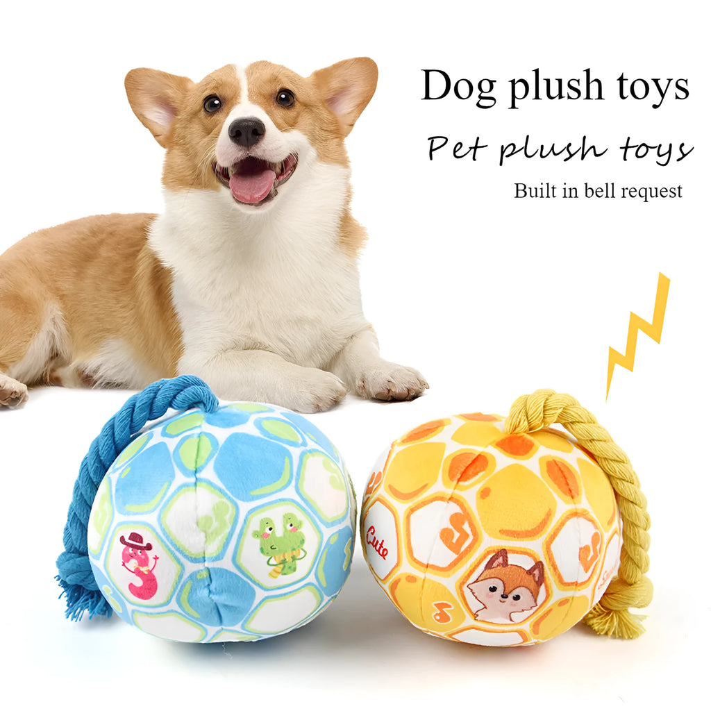Bright coloured elastic football dog toy with cotton rope construction for tug of war and teeth grinding