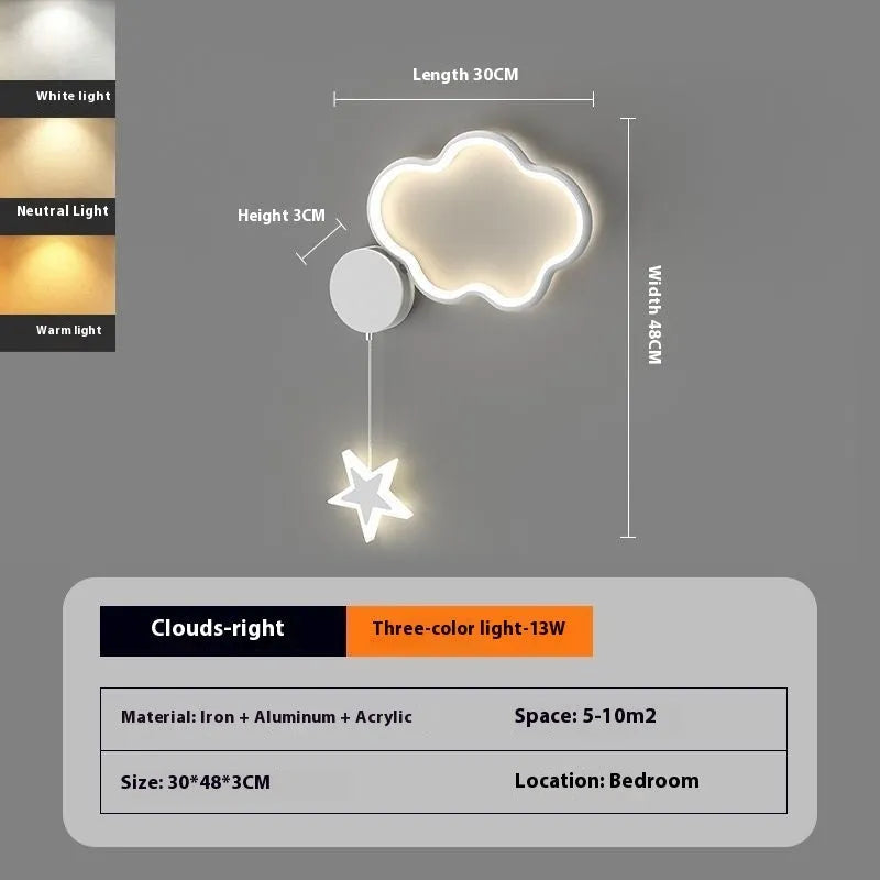 Cartoon cloud, moon and five-pointed star shaped bedside wall lamp for a children's bedroom in black or white.