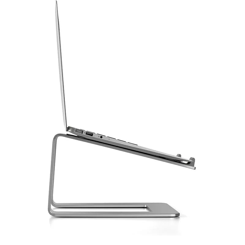 Black aluminium alloy laptop stand on desk elevating computer for ergonomic use