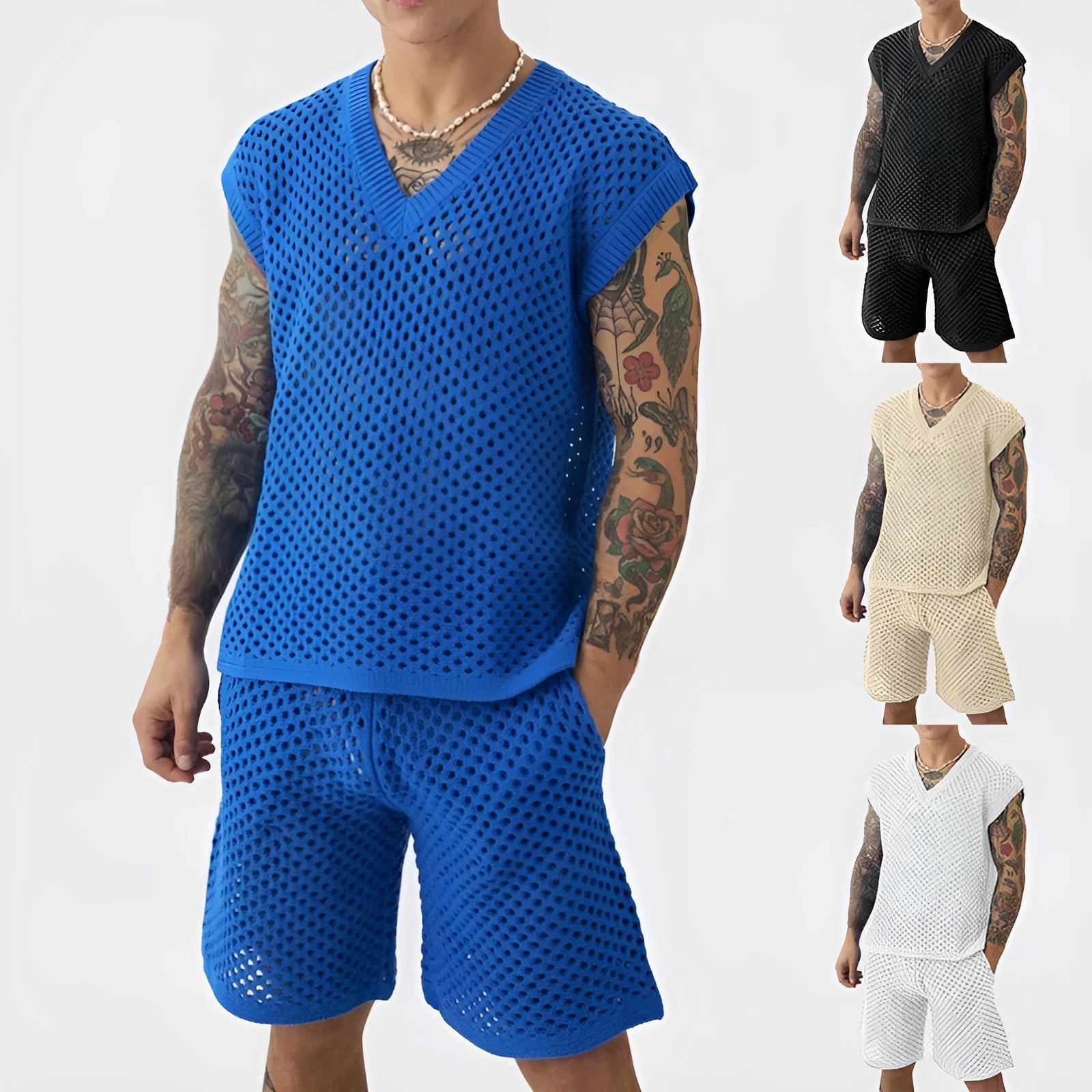 Man wearing a blue V-neck knitted vest and matching shorts from a cotton polyester sports suit set.