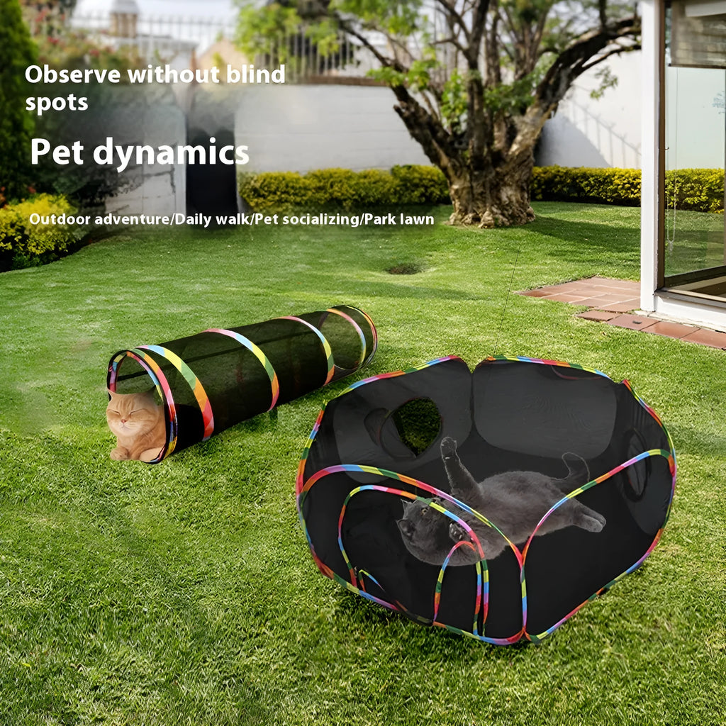 Foldable mesh cat roll cage pet toy in one of five geometric shapes: hexagonal, long straight, square, tee, or tent.