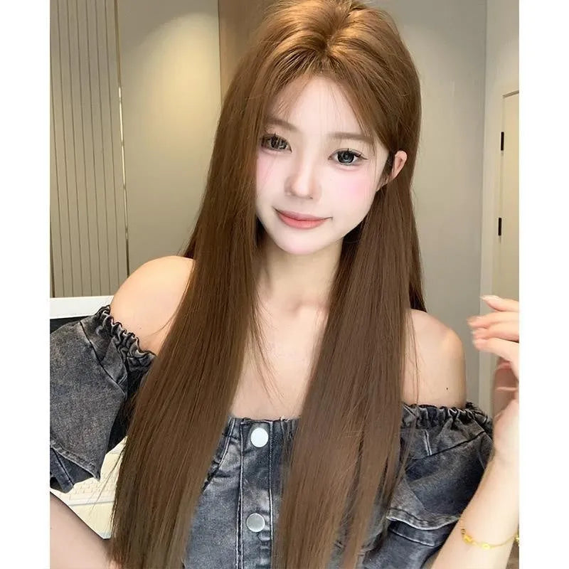 Warm brown long straight wig with centre-parted bangs and forehead lace hair net