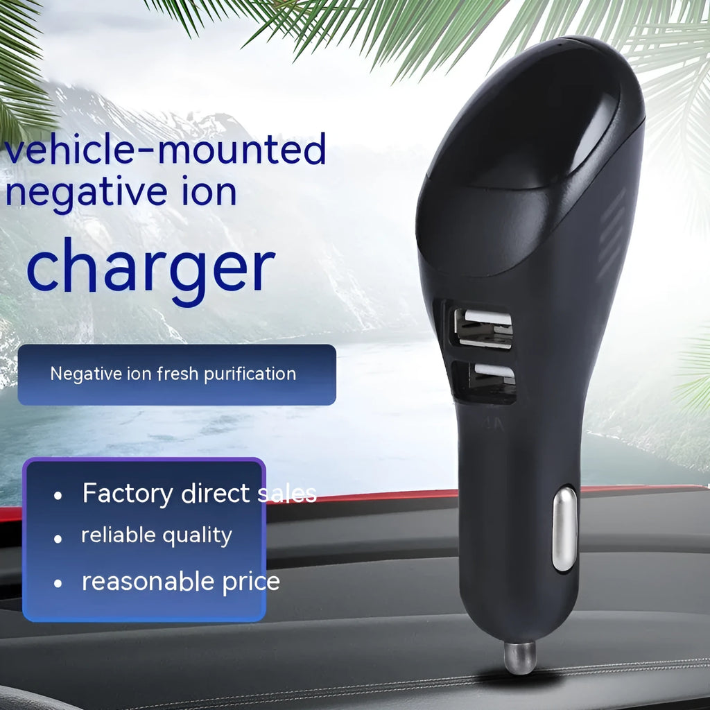 White car USB charger with integrated negative ion air purifier showing compact dimensions