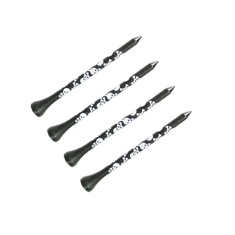Black bamboo golf shoe dowel pins with skull print in 70mm and 83mm sizes, pack of 10