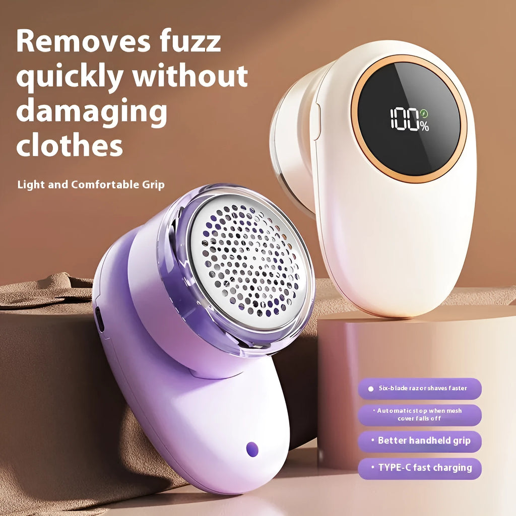 Beige and purple digital display fur ball trimmer with multiple cutter heads and USB-C cable
