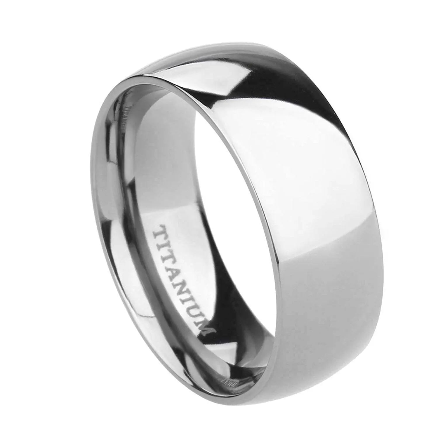 Silver titanium steel ring on a plain background showing its simple band design and grinding finish