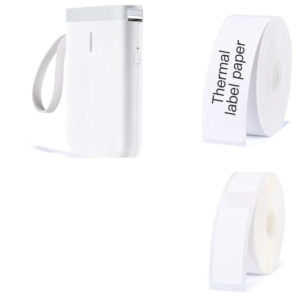D11 compact white Bluetooth thermal label printer with USB cable and roll of label paper on a desk.
