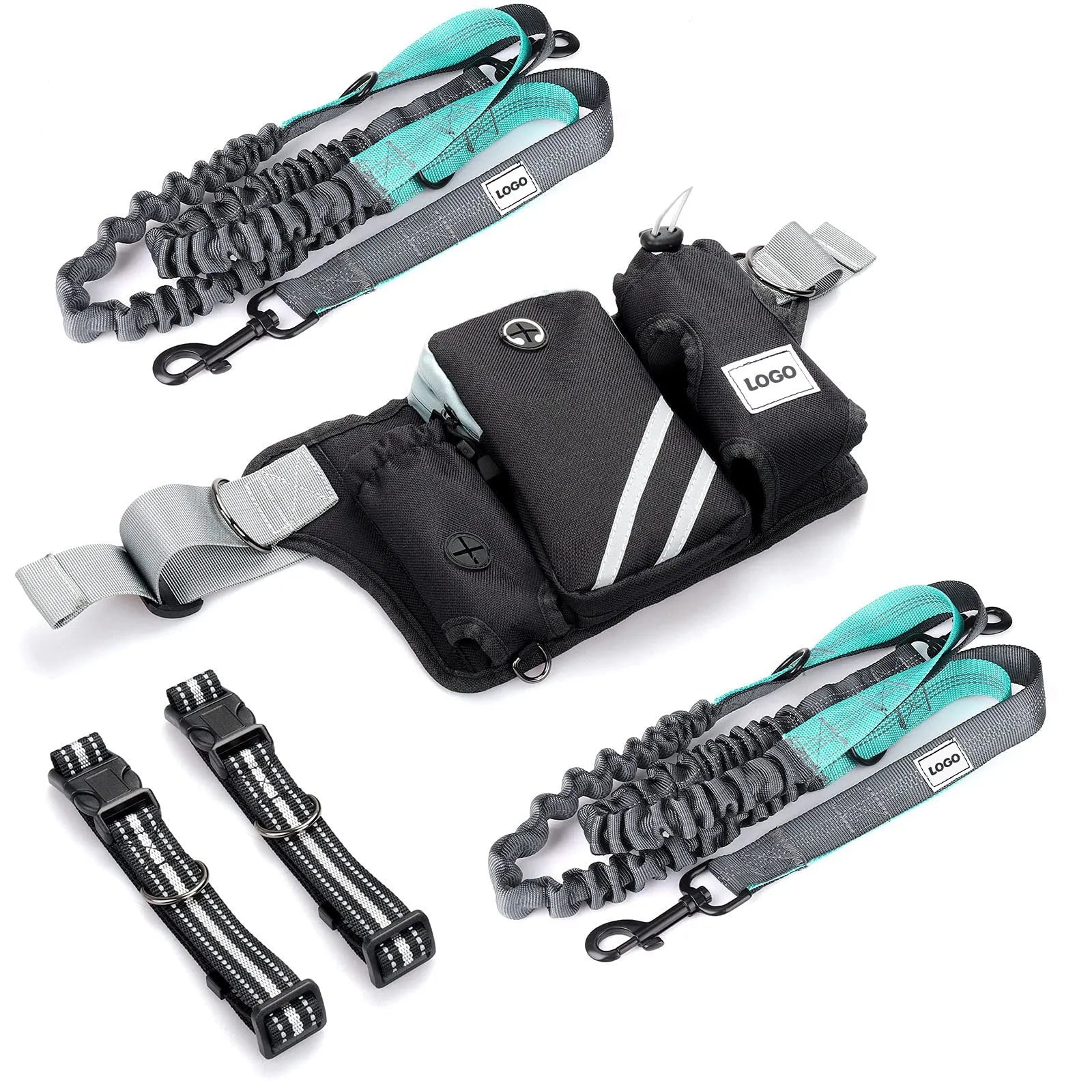 Black waterproof nylon dog walking waist bag set with matching leash and collar for outdoor training