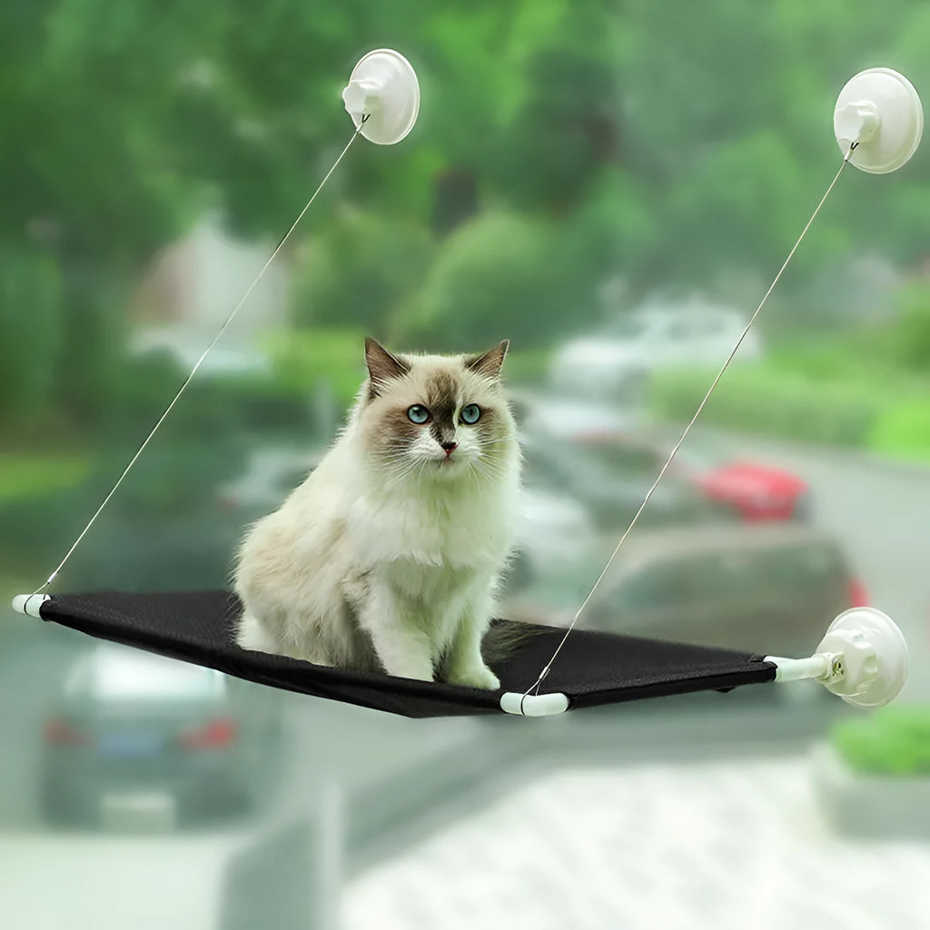 Black suction cup cat hammock in fibre tube cloth, foldable hanging cat nest for balcony window glass