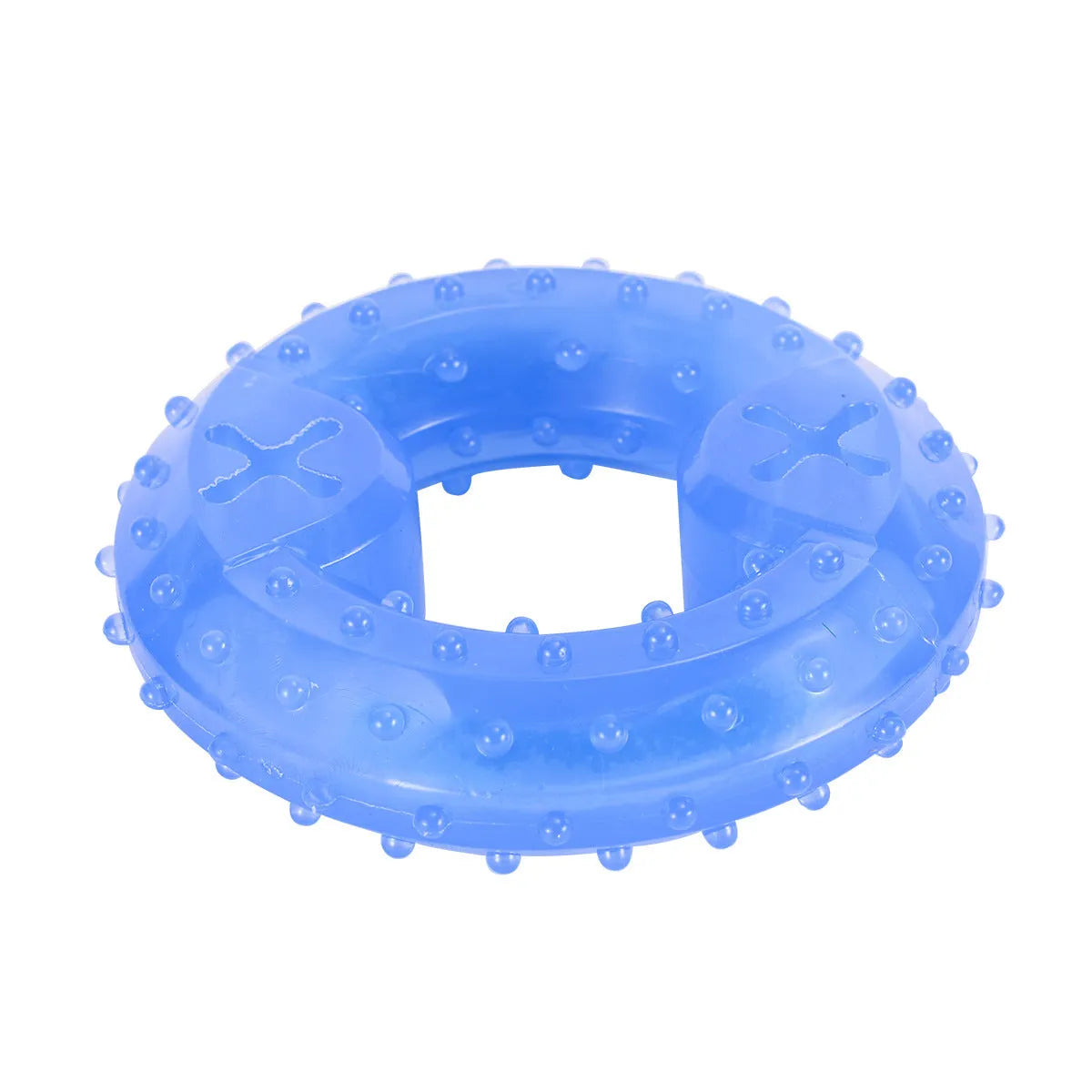 Freezable bone-shaped and circle-shaped dog cooling chew toy filled with purified water.