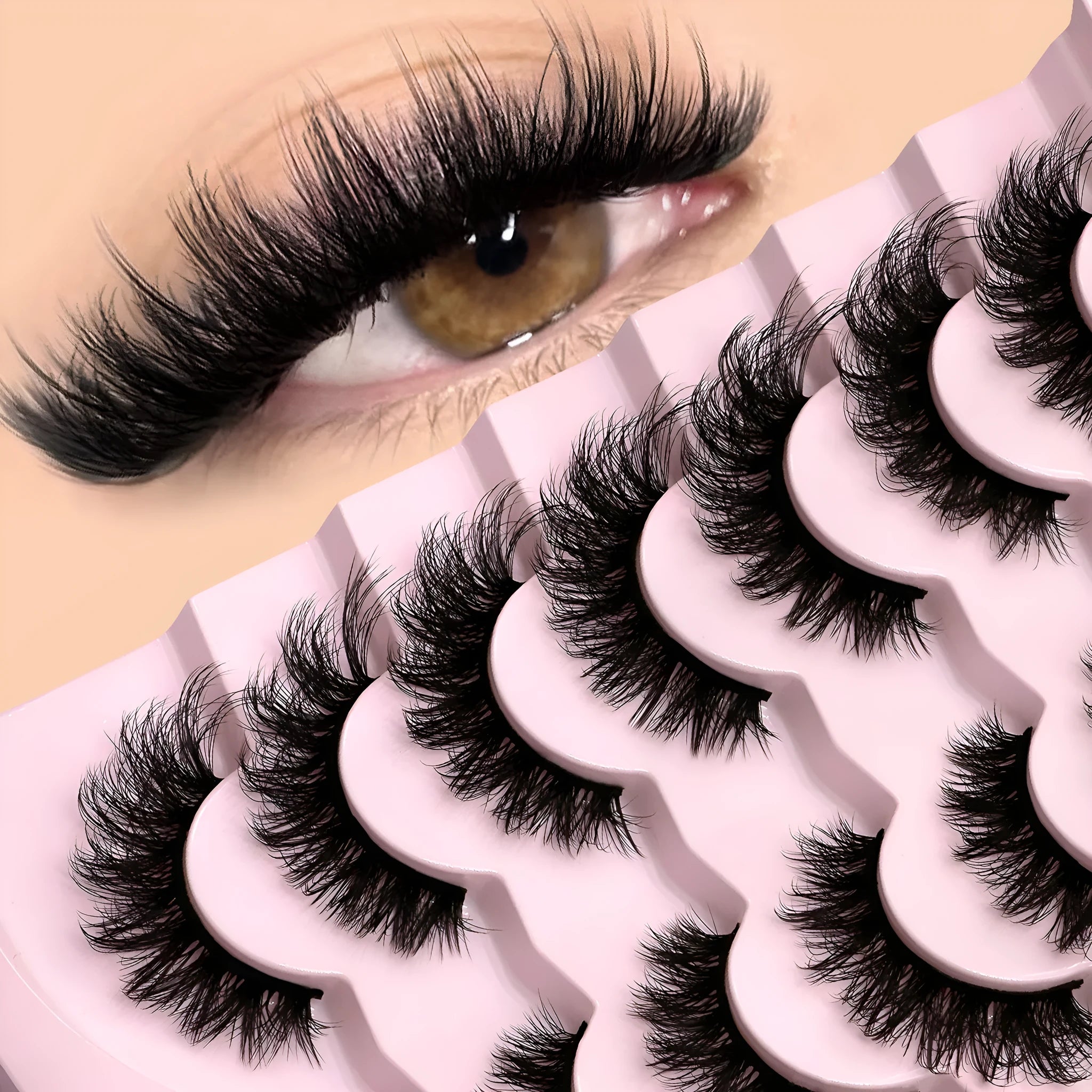 Box of natural style false eyelashes and glue, made from artificial fibre.