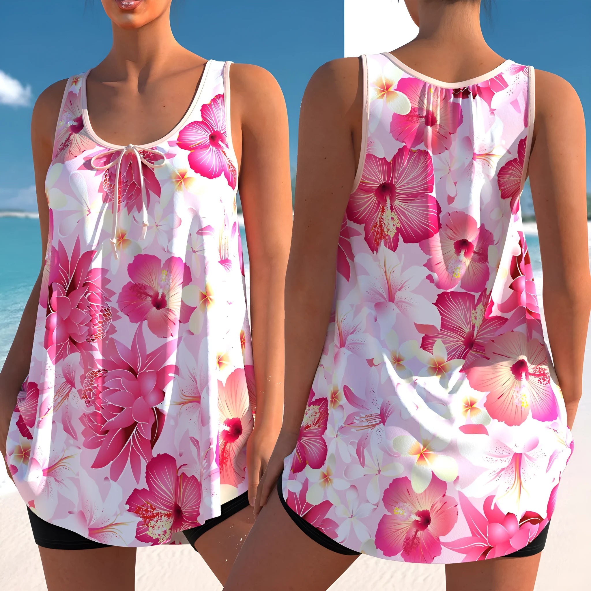 Pink floral printed plus size tankini swimsuit set with high-waist briefs on a mannequin