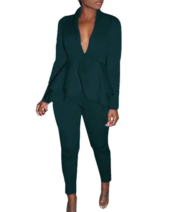 Women's ruffled business uniform set with pencil pants in multiple colour options