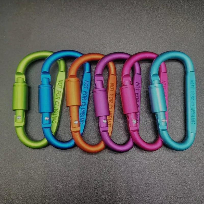 Aluminium D-shaped locking climbing carabiner with a flat 8cm design shown in silver.