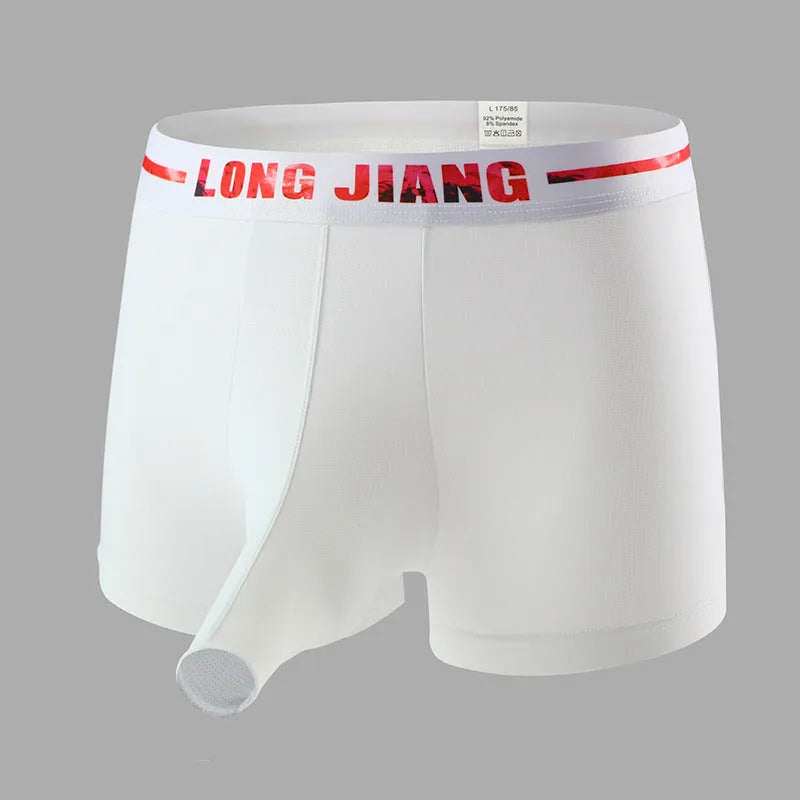 Men's ice silk boxer shorts in a solid colour on a mid-waist fit model.