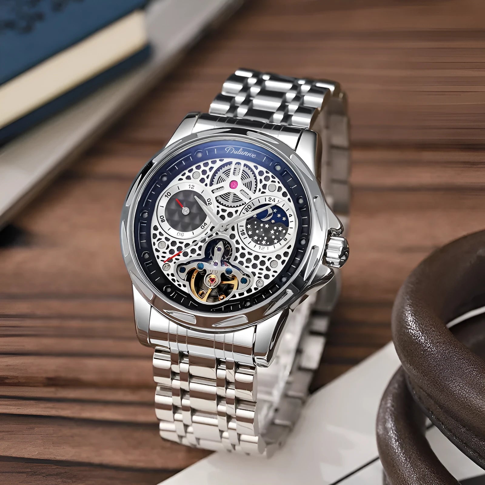 Men's black and white automatic business watch with steel bracelet or leather strap options