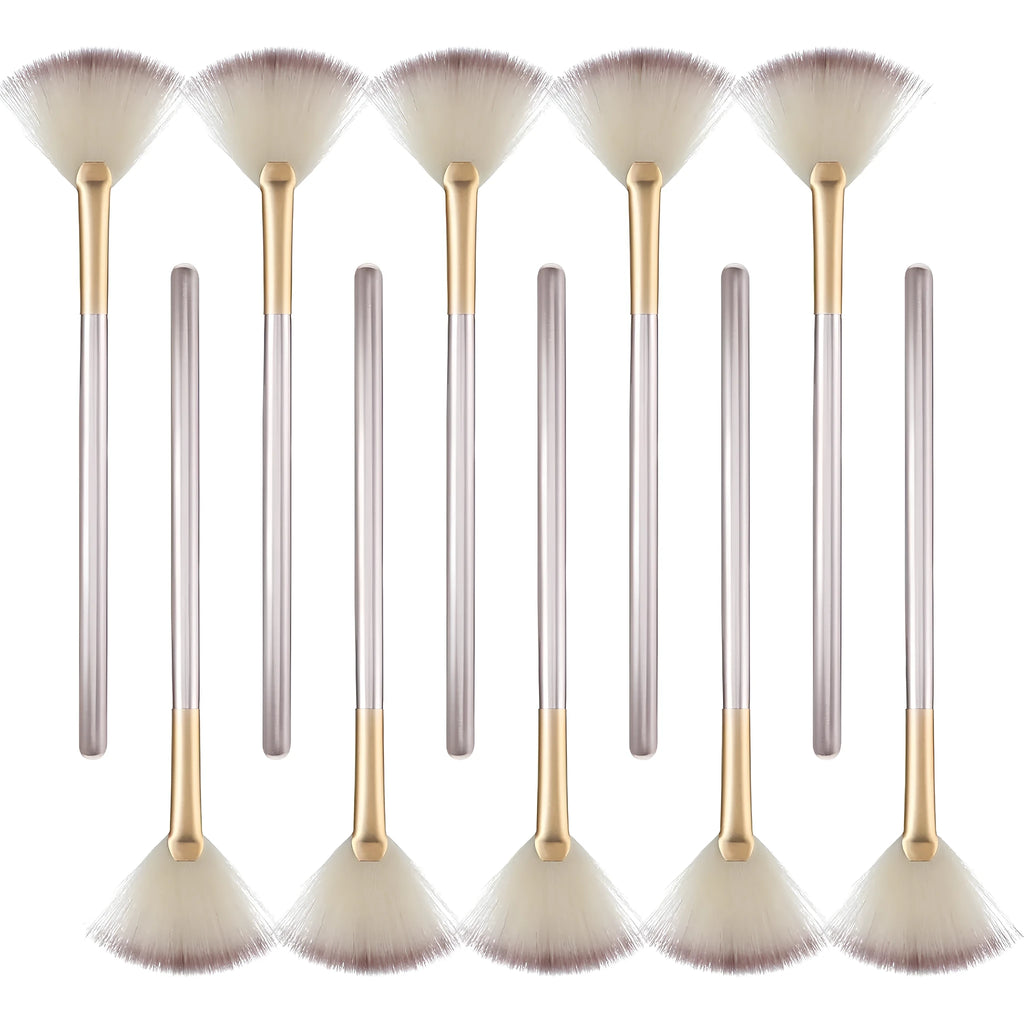 10 professional facial fan brushes with champagne finish and acrylic handles for cosmetic application