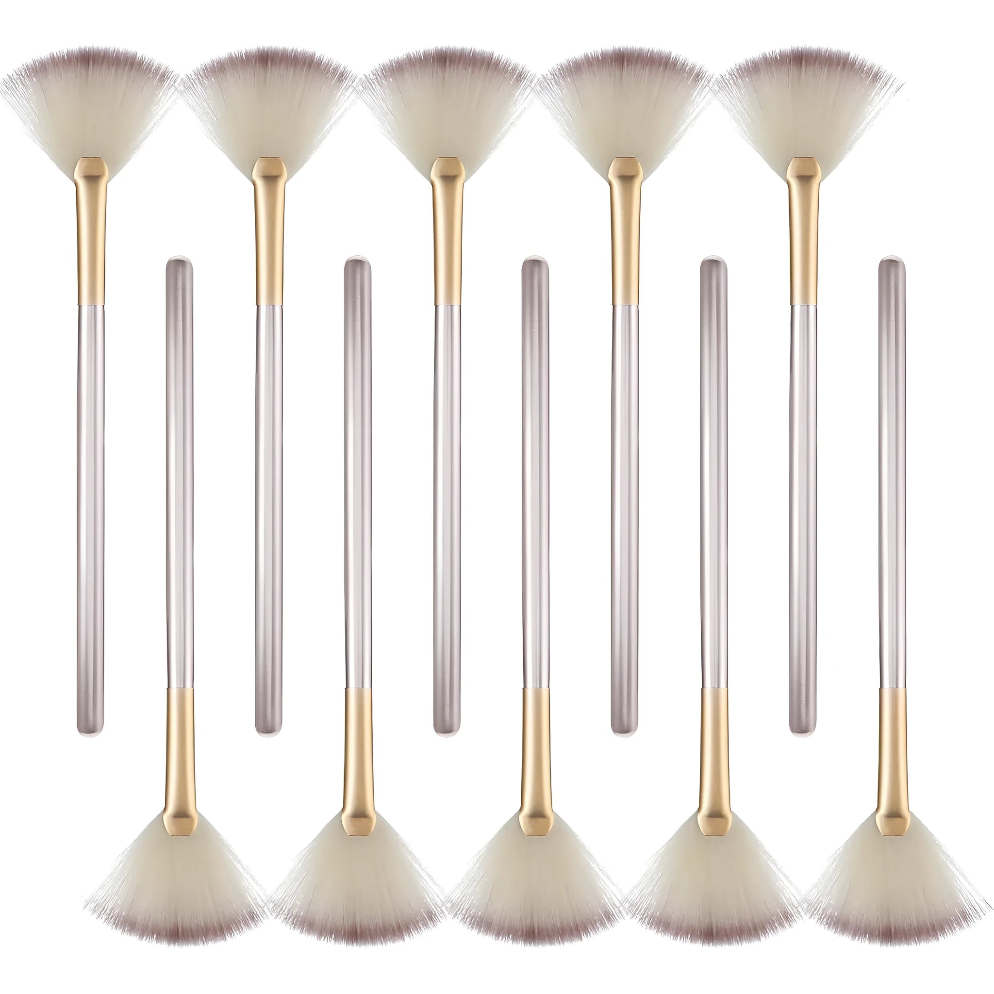 10 professional facial fan brushes with champagne finish and acrylic handles for cosmetic application