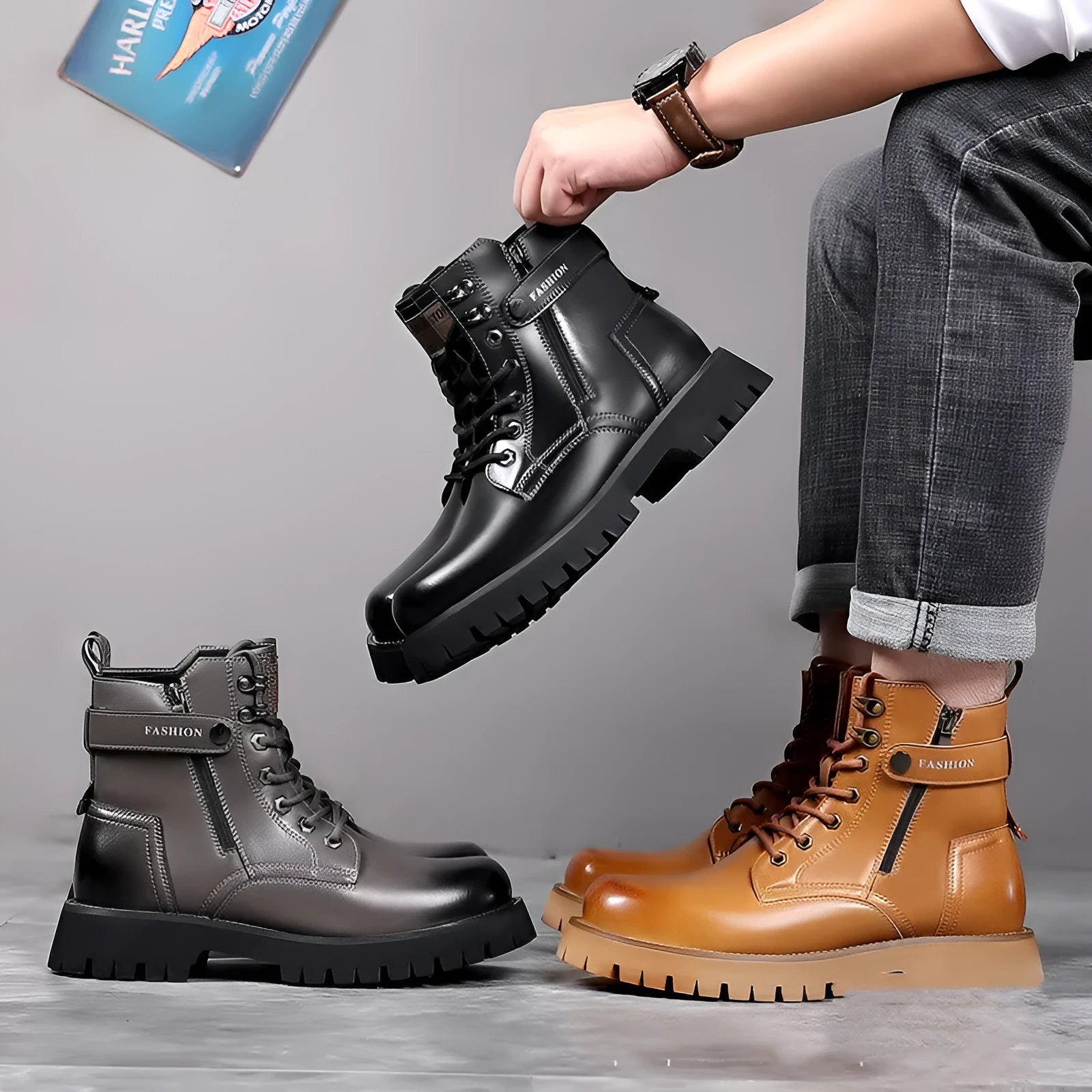 Men's light brown leather high-top boots with a thick sole and side zipper.