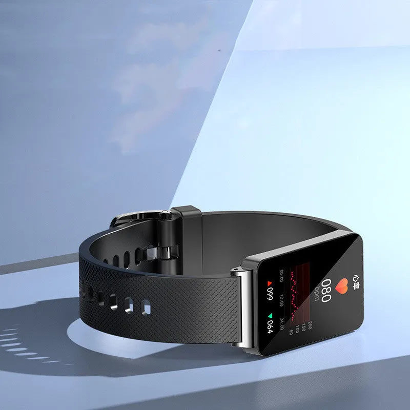 EP08 Smart Bracelet with touchscreen in black, gold, or silver colours on a TPU strap.