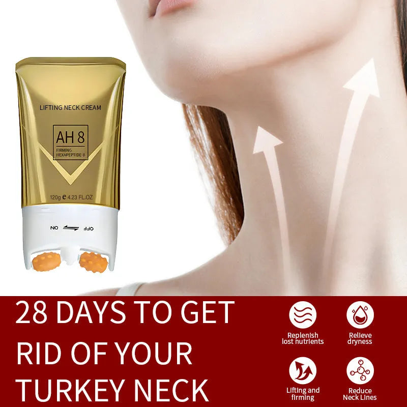 Roller neck cream tube with built-in massage ball applicator for wrinkle reduction and firming
