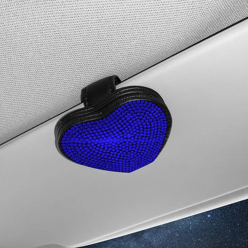 Car sun visor glasses clip made of PU leather with diamond encrusted design in various colours holding sunglasses