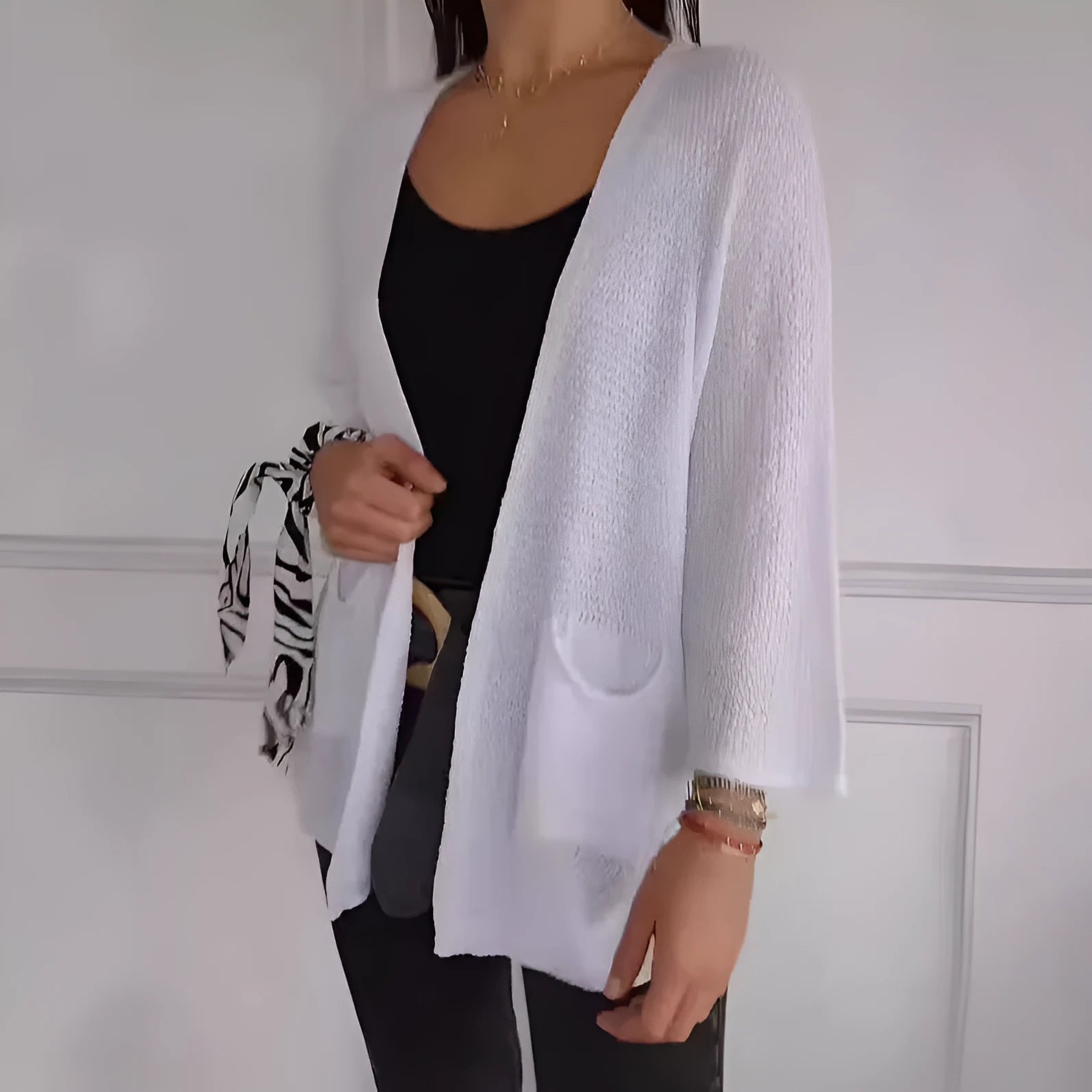Women's waffle texture cardigan coat with nine-quarter sleeves in army green colour