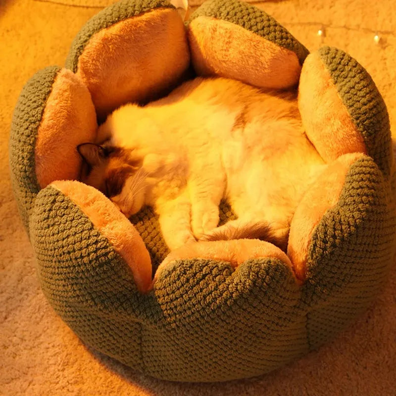 Grey petal-shaped plush kennel bed for cats and dogs on a hardwood floor.