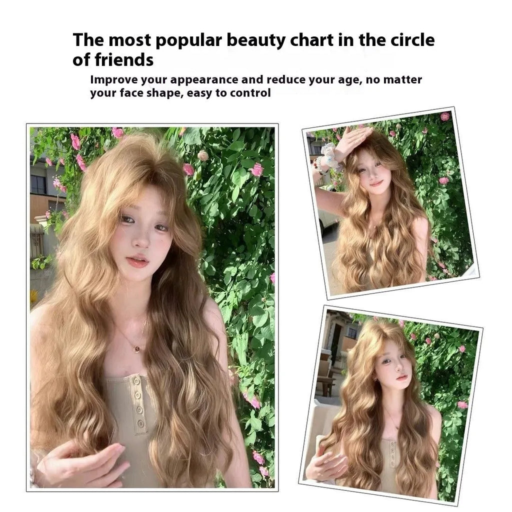 Medium length curly synthetic wig in linen brown colour with defined curls and included hair net