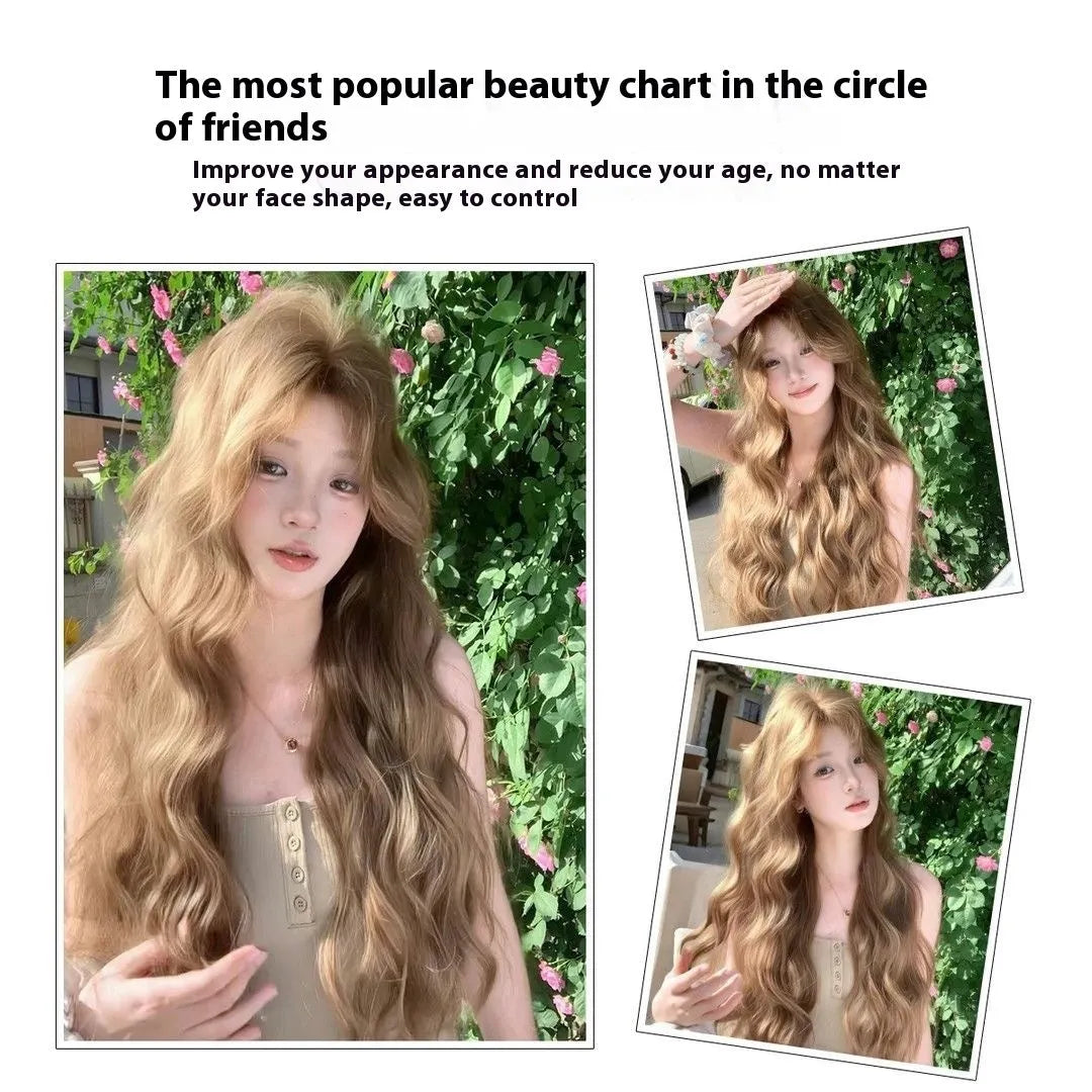Medium length curly synthetic wig in linen brown colour with defined curls and included hair net