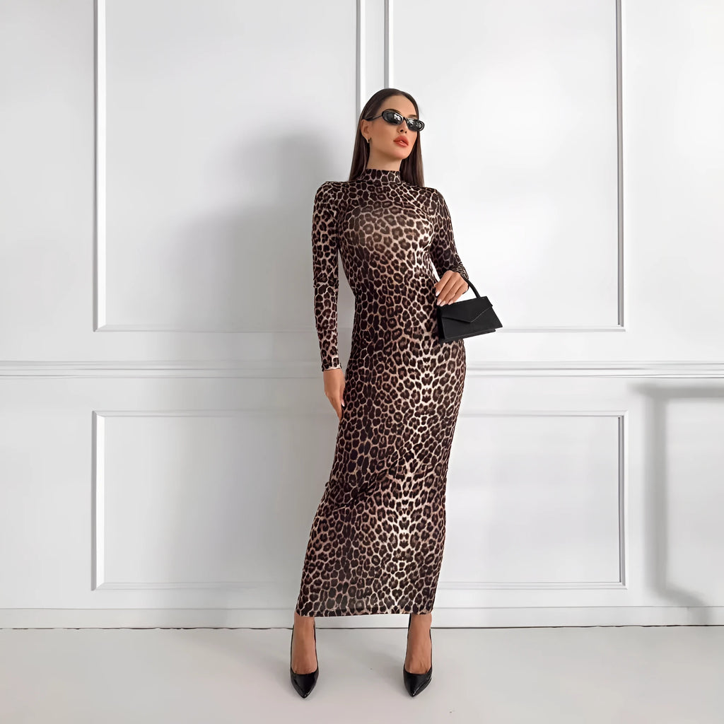 Women's leopard print long sleeve dress with stand collar and high waist hip skirt