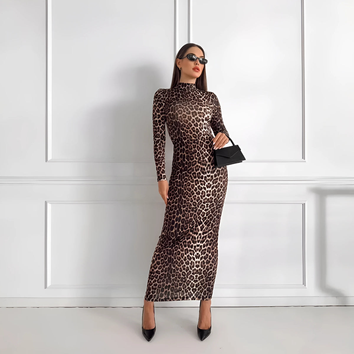 Women's leopard print long sleeve dress with stand collar and high waist hip skirt